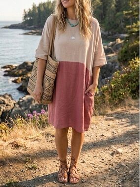 Jackson Rowe Rodina Linen Blend Colorblock Dress Size XS Cream Pink Oversized